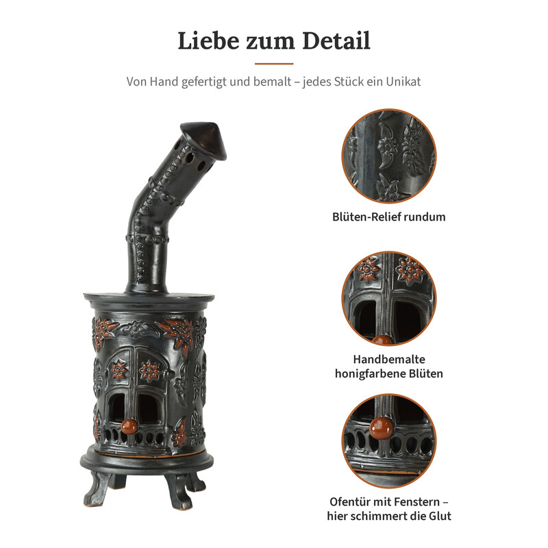 R�ucherofen Bobo Schwarz mit Honigkn�pfen aus handbemalter Keramik