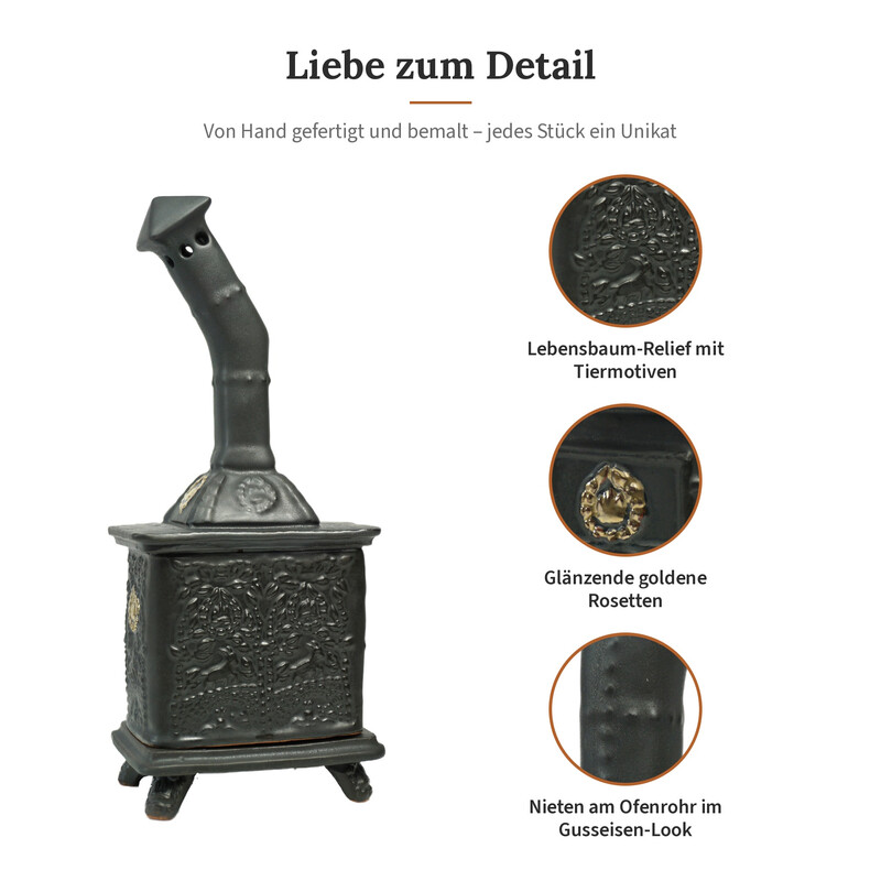 R�ucherofen Rolli Schwarz mit Goldkn�pfen aus handbemalter Keramik