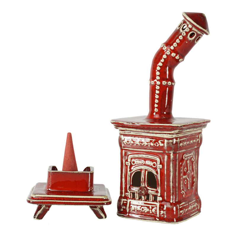 R�ucherofen Molli Rot mit hellen Kn�pfen aus handbemalter Keramik